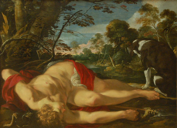 Adonis Mort, c. 1620 by Laurent de La Hyre (1606-1656). Photograph of Adonis Mort by Gautier Poupeau, 2011. Shows: Muscular young man, mostly nude, with red shaw draped on body, laying apparently motionless on the ground, with brown dog sitting near his feet.