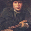 Thumbnail and detail of painting by Aert de Gelder of man in dark clothing and hat, holding a spear, looking at viewer.