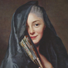 Thumbnail and detail of painting by Alexander Roslin of elegant woman, presumably of status, with black shawl and fan gazing directly at viewer.