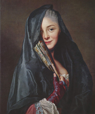 Painting by Alexander Roslin of elegant woman, presumably of status, with black shawl and fan gazing directly at viewer.