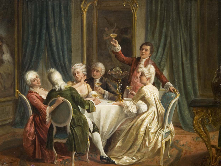 HETPA - Painting called " A Toast " by August Hermann Knoop (1856–1919) wherein is shown three couples sitting around a table in an elegant room, with paintings on the walls and ornamental carpet on the floor, amid elegant surroundings. One man is holding, raised in one hand, a glass filled with liquid.