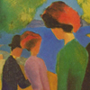 Thumbnail and detail of painting by August Macke in blocks of bold color showing a lone woman in foreground with two couples in background. Also shown are some trees and an area of blue, perhaps a pond.