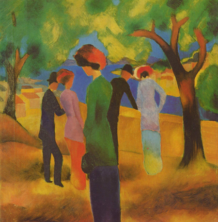 Painting by August Macke in blocks of bold color showing a lone woman in foreground with two couples in background. Also shown are some trees and an area of blue, perhaps a pond.