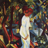 Thumbnail and detail of painting by August Macke of a man and woman, from the side. The woman is dressed in white and largely obscures the man. They appear to be walking to the right.