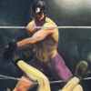 Thumbnail and detail of painting by George Bellows of historic boxing match between Jack Dempsey and Luis Firpo, showing Firpo getting hit and falling out of the ring into the spectators.