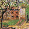 Thumbnail and detail of painting by Camille Pissarro of flowering plum tree in front of house in impressionist style.