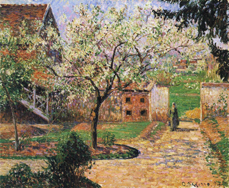 Painting by Camille Pissarro of flowering plum tree in front of house in impressionist style.