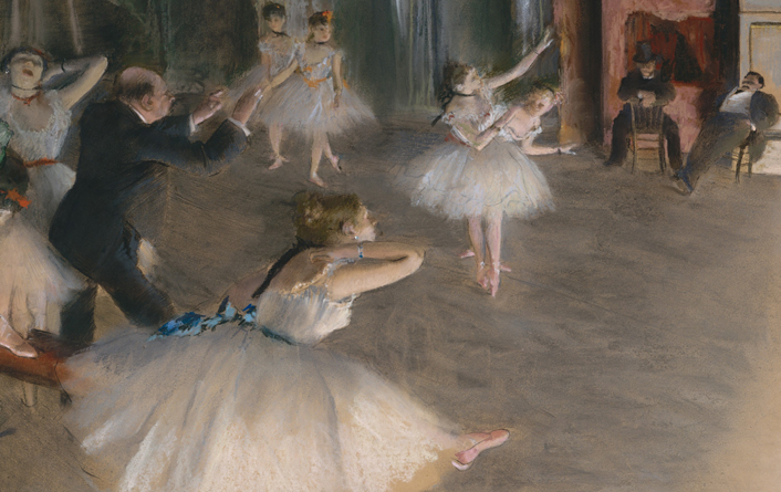 Cropped version of the painting named " Rehearsal Onstage " by Edgar Degas. Shows dancers in white ballet costumes, directed by a man in dark suit with two other men in suits, in chairs, in very relaxed poses, observing.