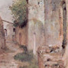 Thumbnail and detail of painting by Giovanni Fattori showing a narrow alleyway between slightly distressed brick or white stucco buildings.