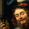 Thumbnail and detail of painting by Gerrit van Honthorst showing a man with a broad smile, possibly drunk, with wine glass in one hand and a violin in the other.