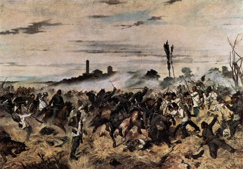 Painting by Giovanni Fattori that shows a horrific battle taking place between soldiers in white and black with men laying on the ground and being shot.