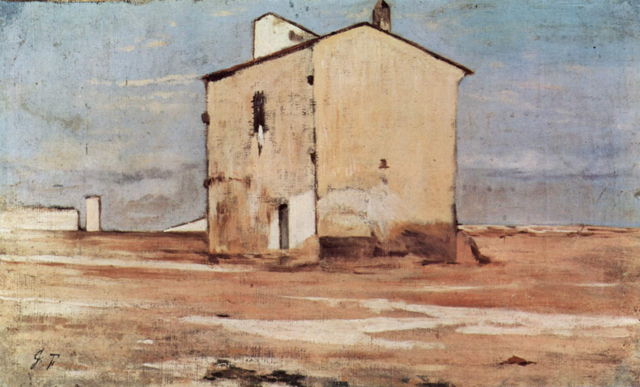 Painting by Giovanni Fattori of a cream-colored house on brown earth with blue sky.