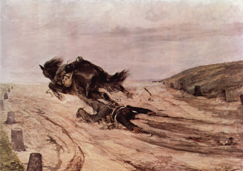 Painting by Giovanni Fattori that shows a man, face down, with his foot caught in the stirrups of a saddle, being dragged by a horse.