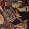 Thumbnail and detail of a painting by Giovanni Fattori of a man leaning back leisurely in a chair as he reads a book mounted on a reading stand..
