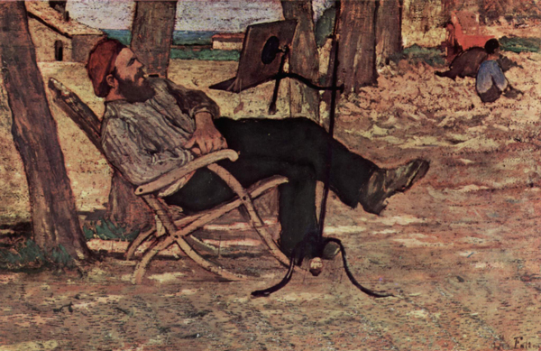 Painting by Giovanni Fattori of a man leaning back leisurely in a chair as he reads a book mounted on a reading stand..