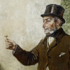 Thumbnail and detail of painting showing a man in dark coat and top hat holding pencil-sized gold object in one hand.