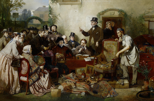 Painting showing a large group of people to the left of a house. A man is at a desk, with carpets and paintings and a decorative chair in front of him. This may be an auction.
