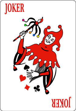 Playing card of The Joker. Red, black and white.