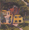 Thumbnail and detail of painting by artist Macke of a yellow house with red roof and a lawn and trees in front of it.