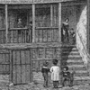 Detail and thumbnail of engraving in black ink of a very old-fashioned house of wood and plaster with people in old-fashioned dress engaged in various activities on the street in front of the house.