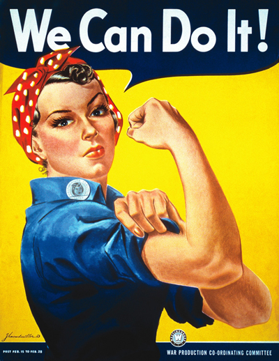 Rosie the Riveter with slogan " We Can Do It. " Woman with red and white polka dot kerchief on head, blue work shirt, fist raised, showing muscle, in front of yellow background.