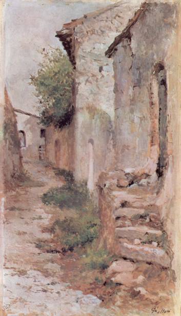 Painting by Giovanni Fattori showing a narrow alleyway between slightly distressed brick or white stucco buildings.