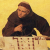 Thumbnail and detail from color sketch of the image Felicitas in the mosaic frieze at the Palais Pringsheim, Berlin by Anton von Werner. Shows a monk working at a desk with blue prints in front of him, looking to the left.