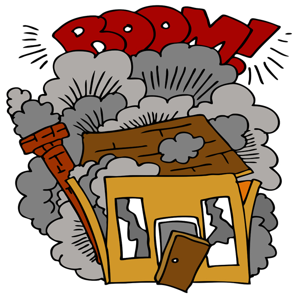 Cartoon of house exploding that illustrates article by Richard Klass, Esq. about a failed real estate development joint venture in New York.