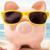 Pink piggy bank wearing yellow sunglasses